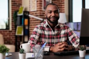 Portrait of business man doing remote job